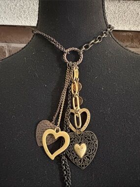 Mixed-Metal Heart Charm Layered Necklace - Gold & Black